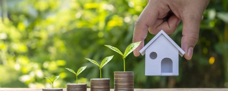 businessman hand holding model house and tree growing on a pile of credit concept coins. Real Estate, Finance, Mortgage, Residential Real Estate