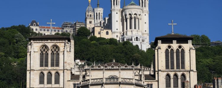View of Basilica of Notre Dame de Fourviere and Saint-Jean cathedral, Lyon, France